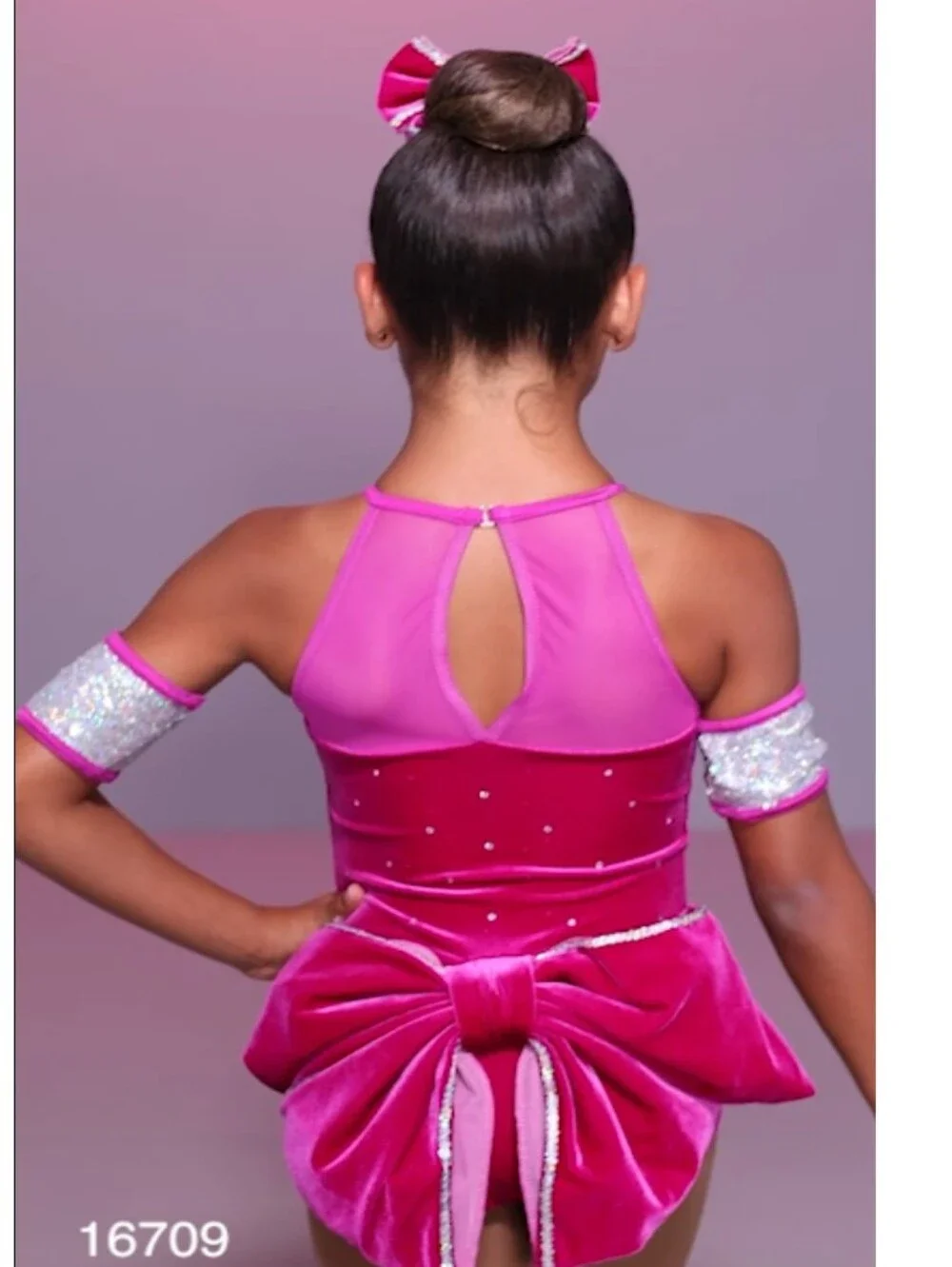 Weissman Girls Magenta Pink Velvet Rhinestone Leotard W/ Big Bow Dance Costume